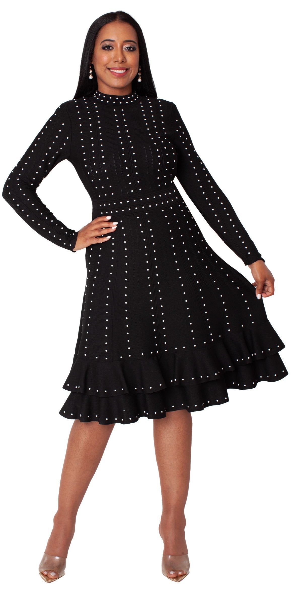 Black Knit Studded Dress with Ruffle Hem -5374 by Tally Taylor