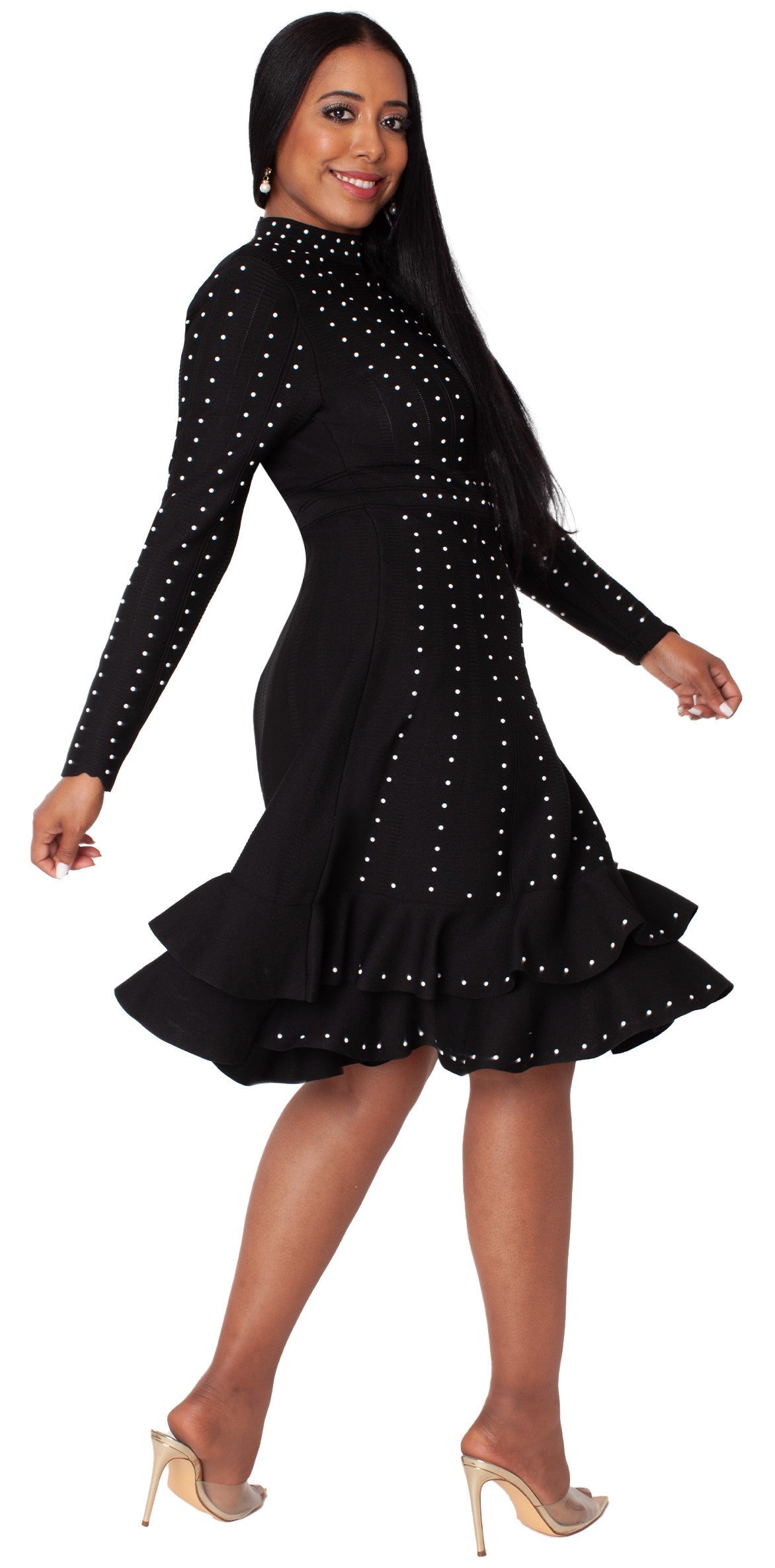 Black Knit Studded Dress with Ruffle Hem -5374 by Tally Taylor