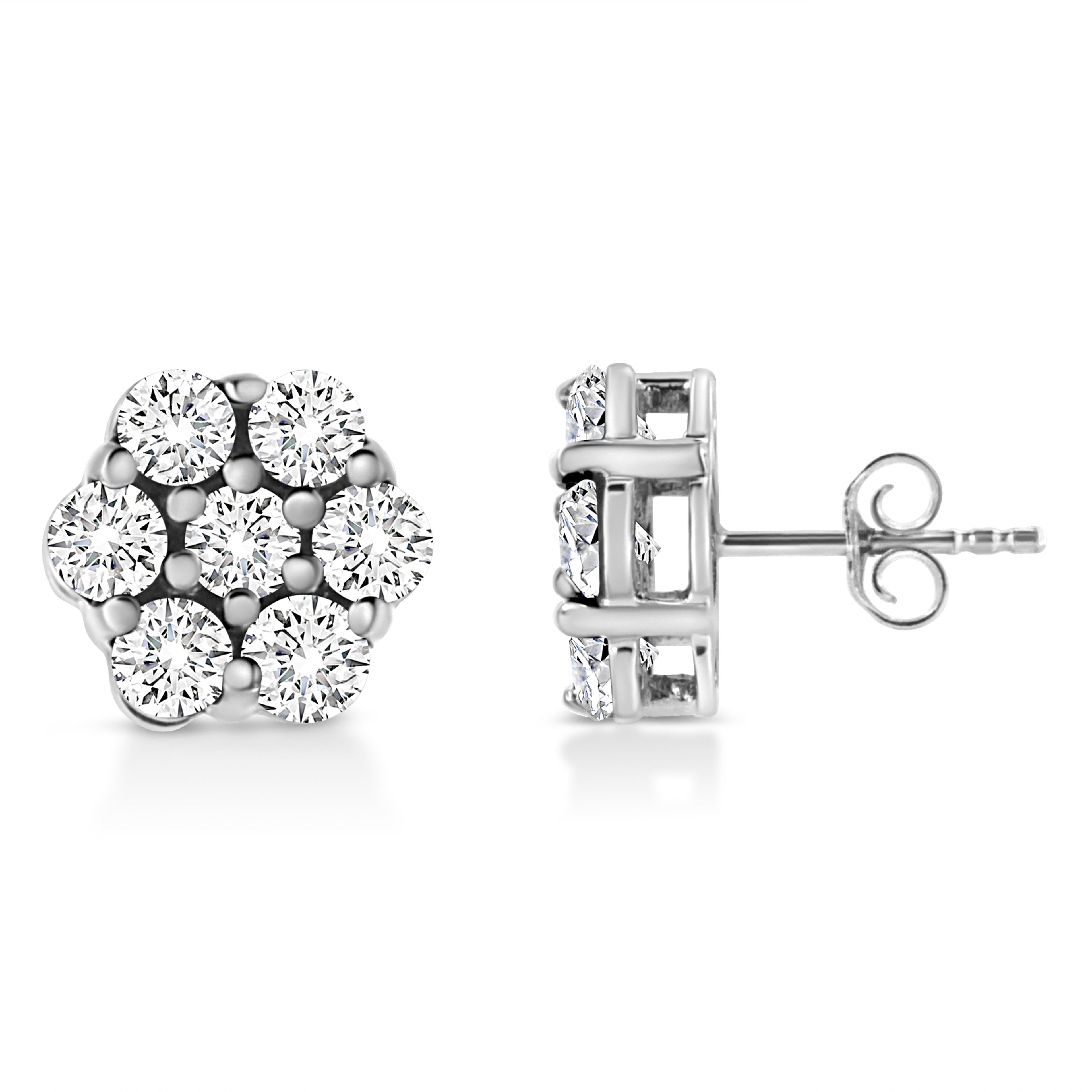 14K White Gold 1/2 Cttw Prong Set Round-Cut Diamond Flower Stud Earring (H-I Color, I1-I2 Clarity) by Bids.com