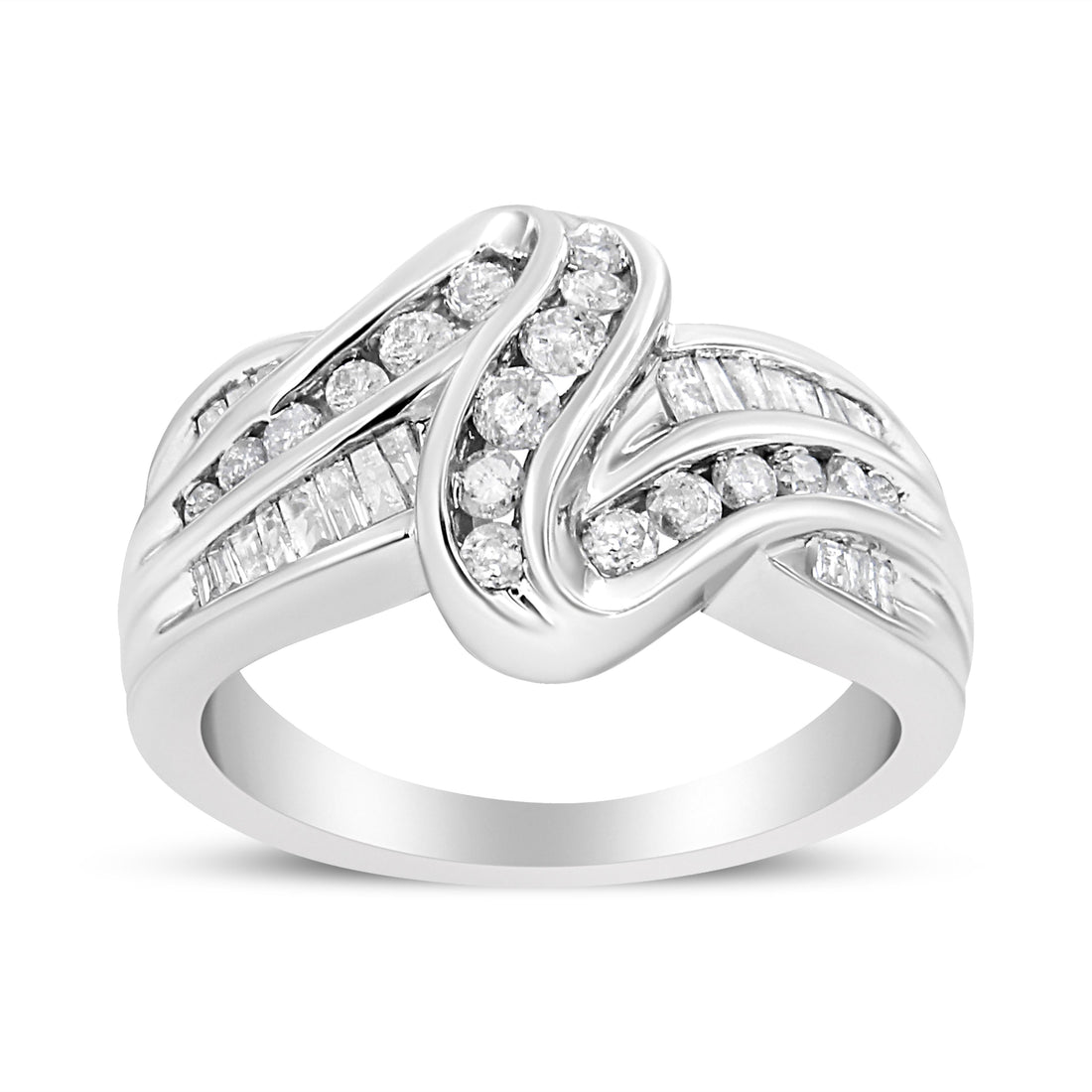 10K White Gold Ring 3/4 Cttw Round and Baguette-Cut Diamond Bypass Ring (H-I Color, I2-I3 Clarity) - Size 6 by Bids.com