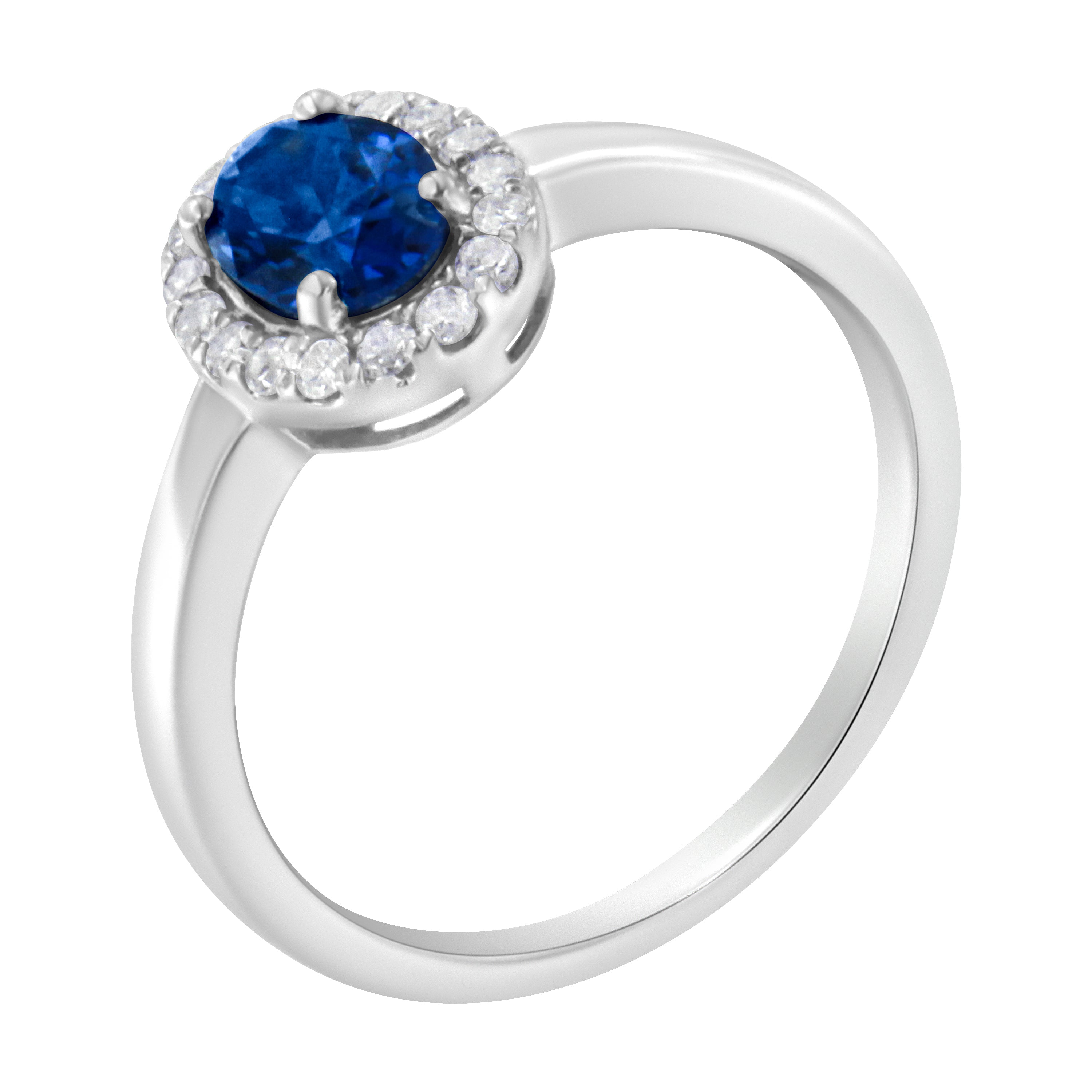 10K White Gold 1/5 Cttw Round Diamond and Prong Set 7MM Created Blue Sapphire Halo Cocktail Ring (H-I Color, I1-I2 Clarity) - Size 7 by Bids.com