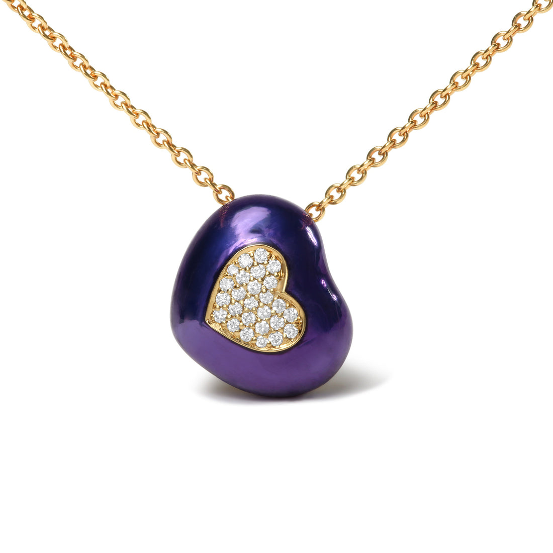 18K Yellow Gold Blue Enamel 1/10 Cttw Round Pave Diamonds Heart Shape 18" Pendant Necklace (G-H Color, SI1-SI2 Clarity) - Adjustable up to 16" - 18" by Bids.com