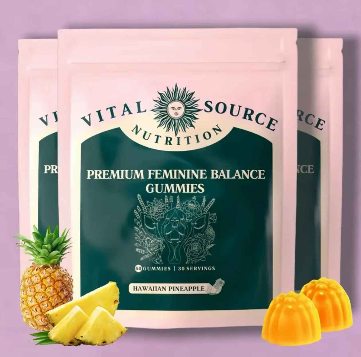 Premium Feminine Balance Gummies - for Women’s Health &amp; Wellness - Immune Support - Vegan, Gluten-Free &amp; Halal - Hawaiian Pineapple - 60 Gummies - 30 Servings