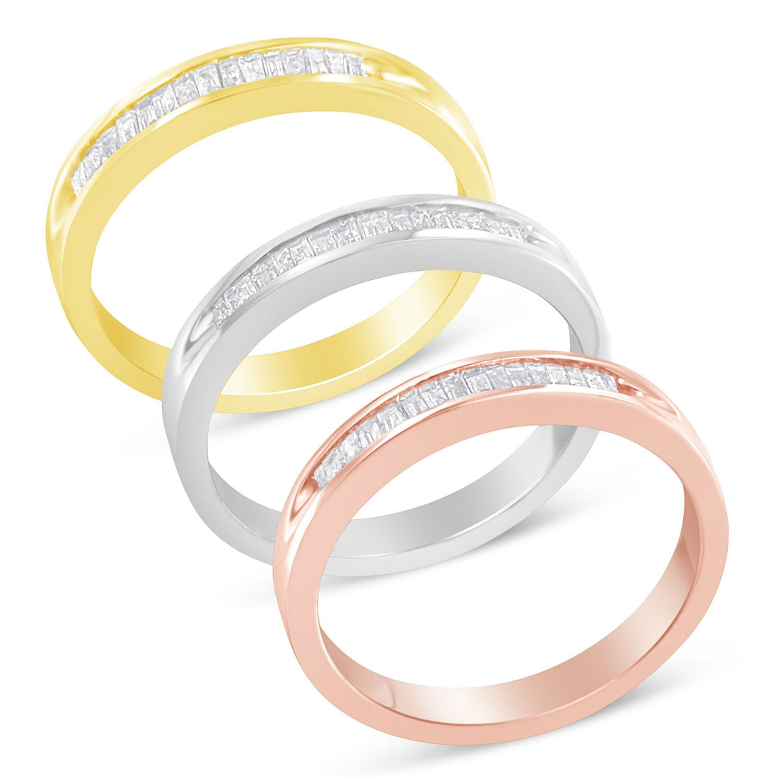 10K Yellow, White and Rose Gold over .925 Sterling Silver 5/8 Cttw Diamond Channel-Set Stackable Band Ring Set (H-I Color, I1-I2 Clarity) - Size 6 3/4 by Bids.com