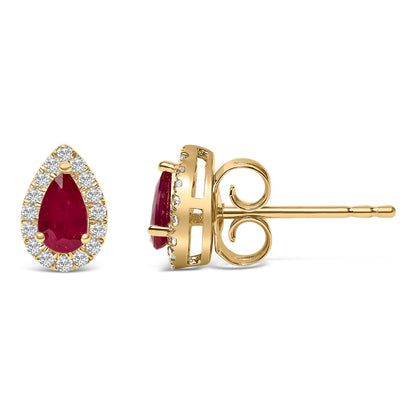 10K Yellow Gold 5X3 MM Pear-Cut Ruby and 1/7 Cttw Diamond Halo Stud Earrings (I-J Color, I1-I2 Clarity) by Bids.com