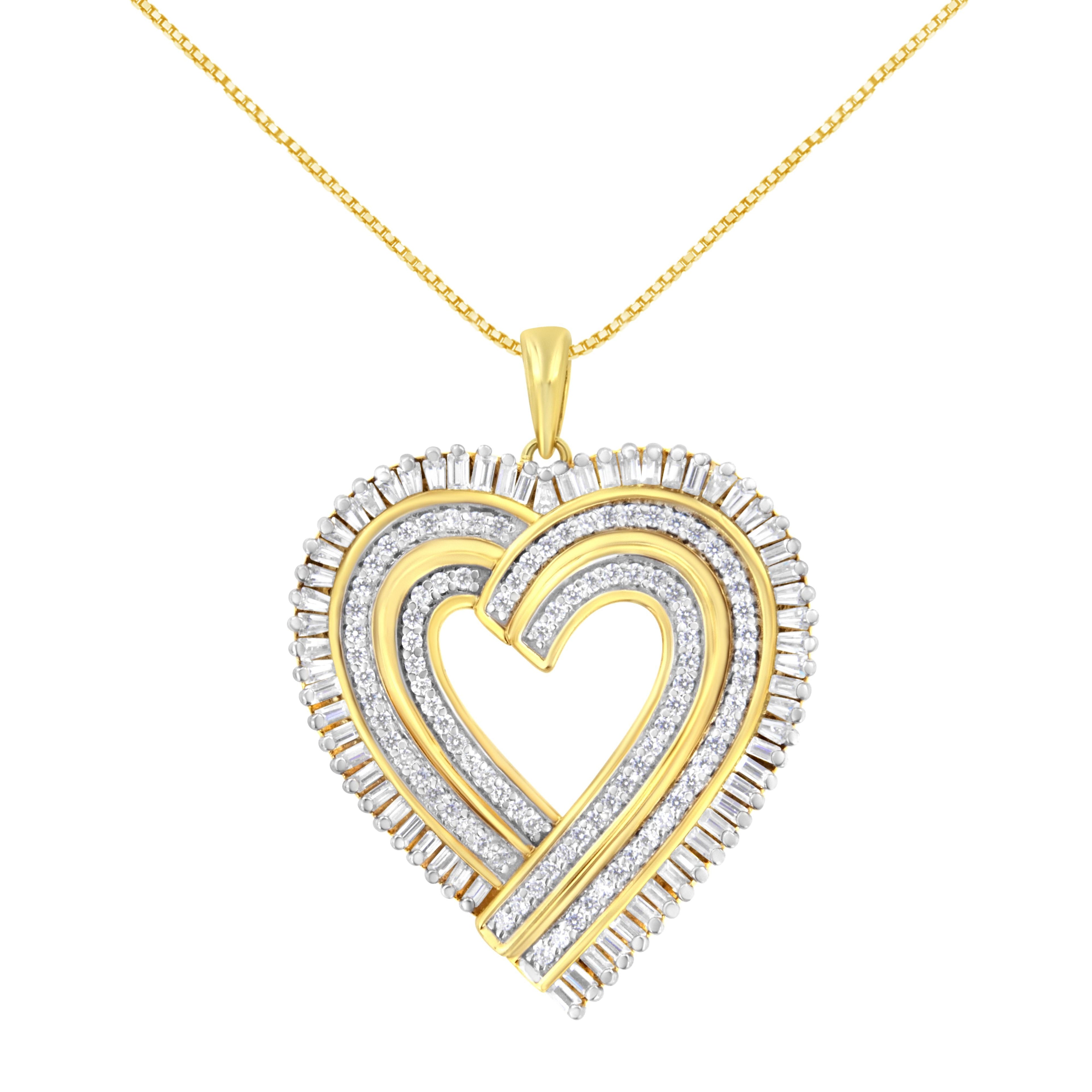 14K Yellow Gold Plated .925 Sterling Silver 1/4 Cttw Round and Baguette-Cut Diamond Composite Heart 18" Pendant Necklace (H-I Color, SI2-I1 Clarity) by Bids.com