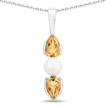 1.34 Carat Genuine Citrine and Pearl .925 Sterling Silver Pendant  DestGlow