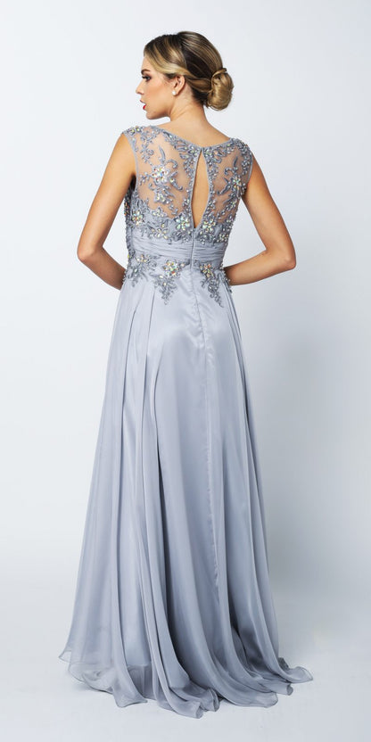 CLEARANCE - Juliet 552 Long Jewel Neckline Studded Bodice Silver A-Line Gown (Size M) by DiscountDressShop