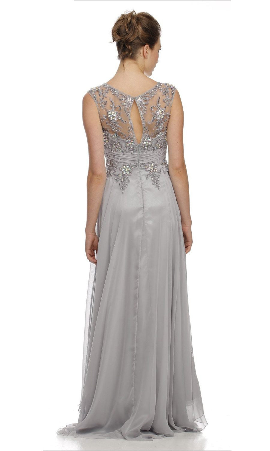 CLEARANCE - Juliet 552 Long Jewel Neckline Studded Bodice Silver A-Line Gown (Size M) by DiscountDressShop