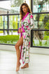 Pink Flower Print Purple Silky Satin Robe With Belt - accessories
