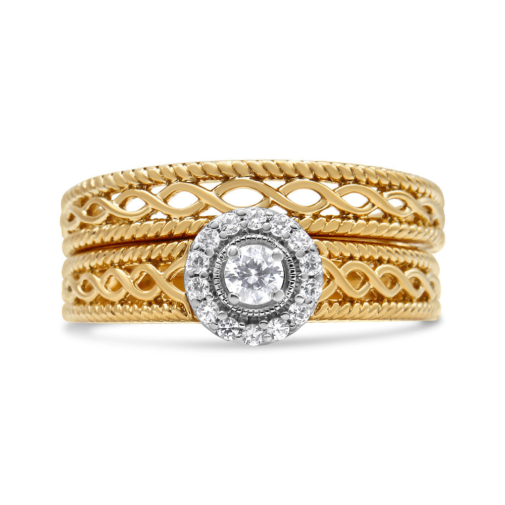 14K Yellow Gold Plated .925 Sterling Silver 1/5 Cttw Diamond Halo Engagement Ring and Wedding Band Set (I-J Color, I3 Clarity) - Size 7  DestGlow