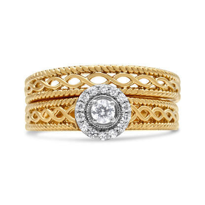 14K Yellow Gold Plated .925 Sterling Silver 1/5 Cttw Diamond Halo Engagement Ring and Wedding Band Set (I-J Color, I3 Clarity) - Size 7  DestGlow
