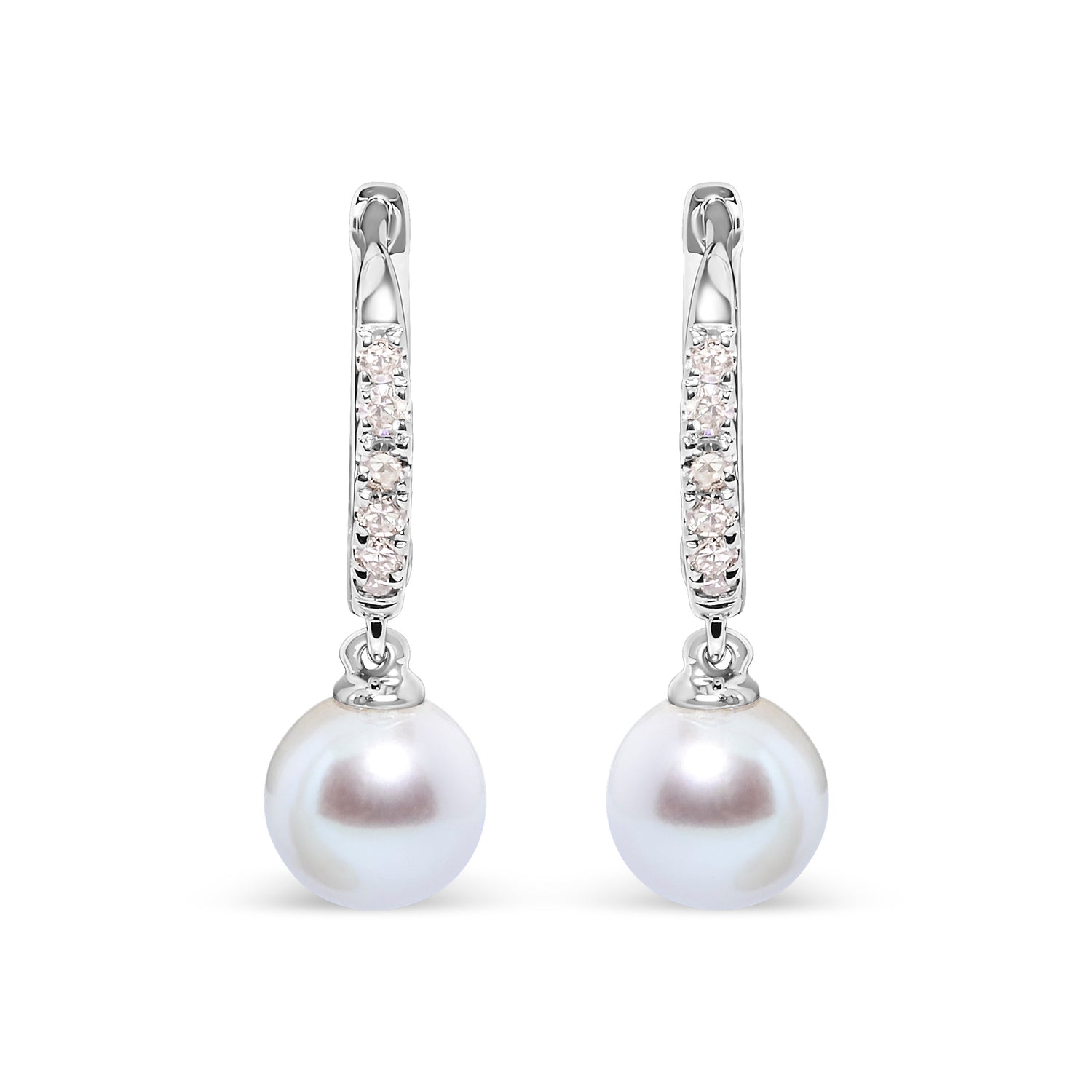 10K White Gold 6x6 MM Cultured Freshwater Pearl and Diamond Accent Drop Huggy Earring (H-I Color, I1-I2 Clarity) by Bids.com