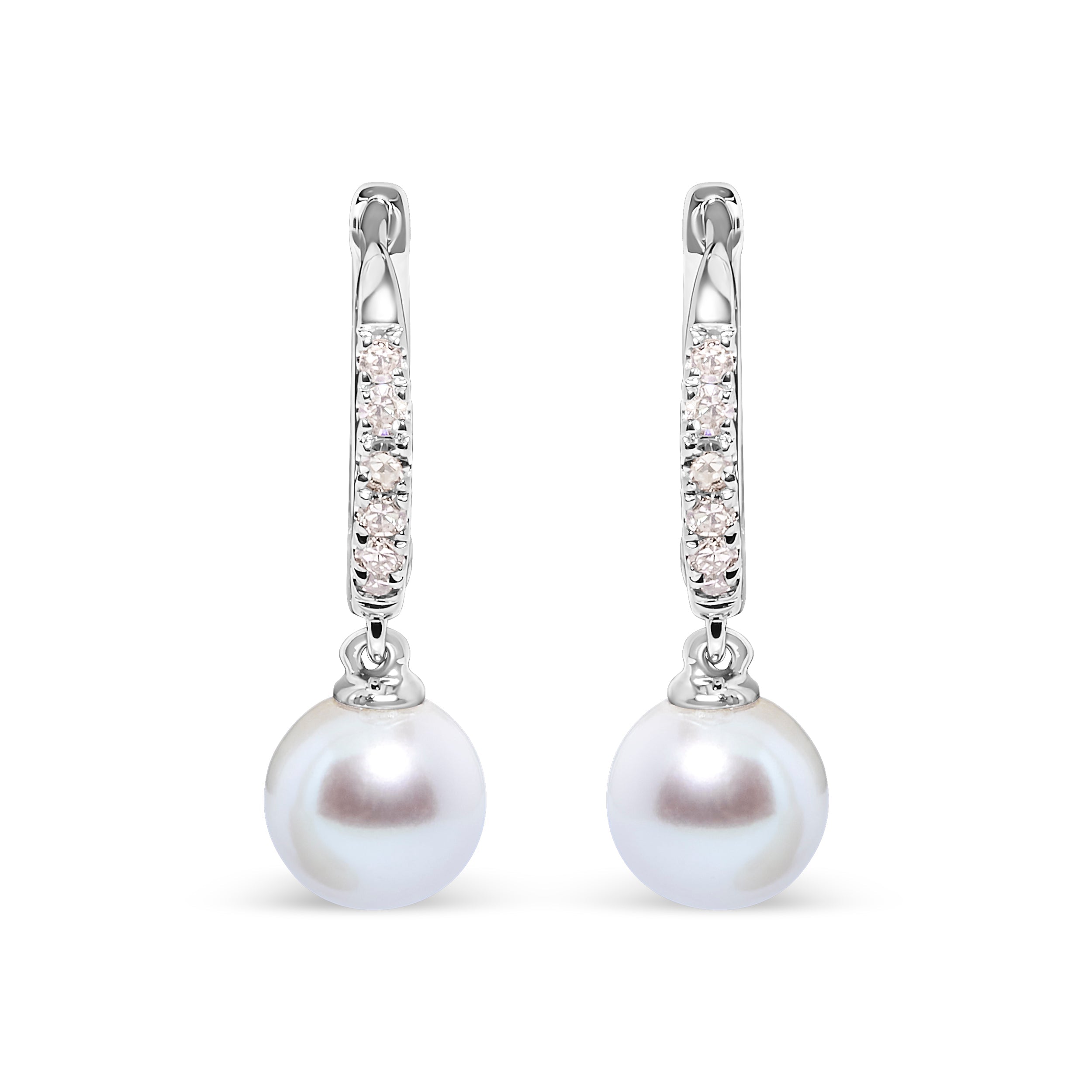 10K White Gold 6x6 MM Cultured Freshwater Pearl and Diamond Accent Drop Huggy Earring (H-I Color, I1-I2 Clarity) by Bids.com
