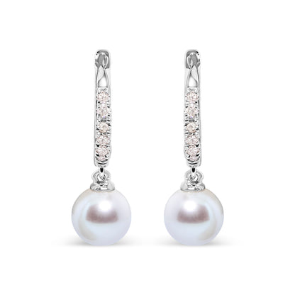 10K White Gold 6x6 MM Cultured Freshwater Pearl and Diamond Accent Drop Huggy Earring (H-I Color, I1-I2 Clarity) by Bids.com