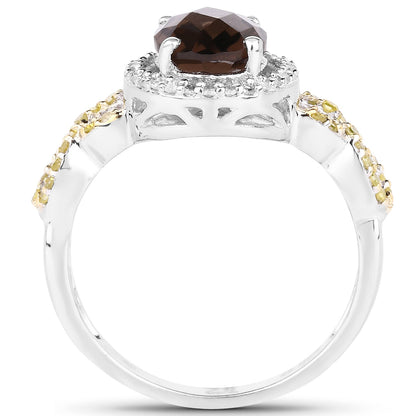 1.90 Carat Genuine Smoky Quartz, Yellow Diamond &amp; White Diamond .925 Sterling Silver Ring by Bids.com