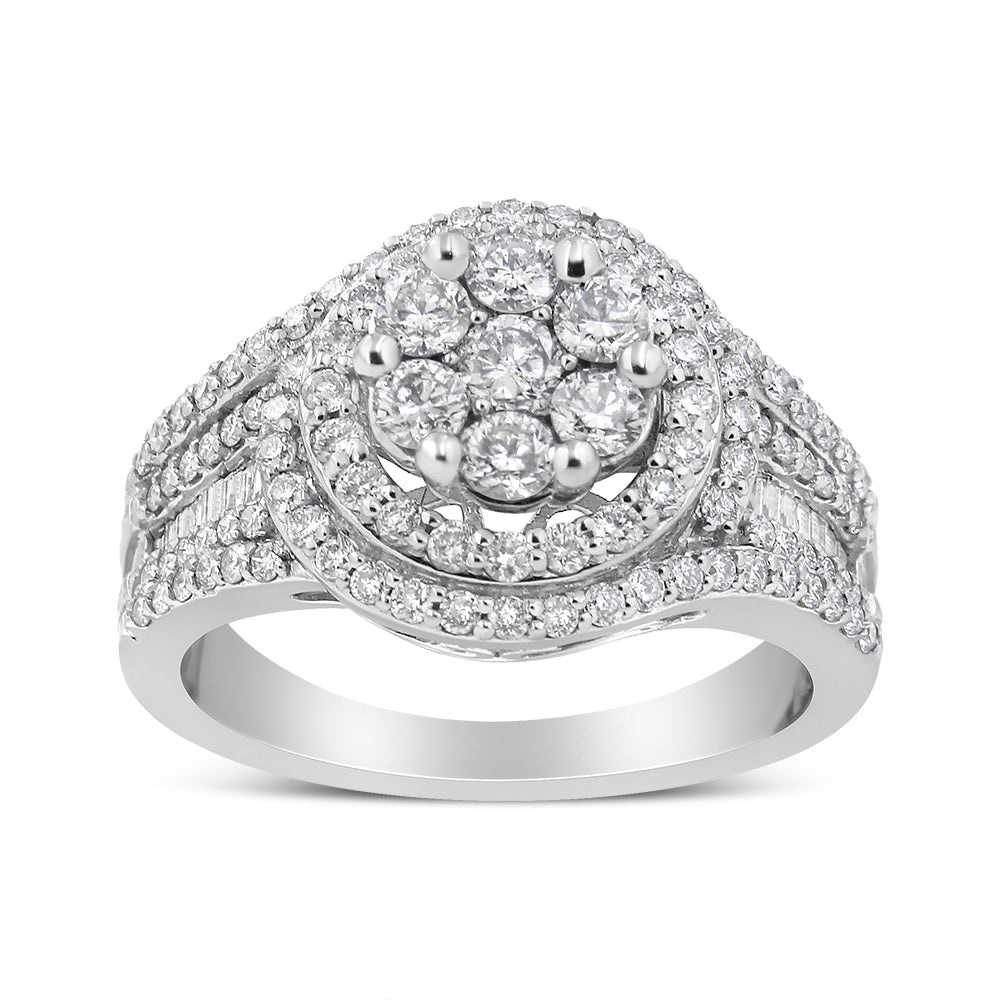 14K White Gold 1 1/2 Cttw Diamond Floral Cluster and Studded Shank Halo Ring (H-I Color, SI2-I1 Clarity) - Ring Size 7 by Bids.com