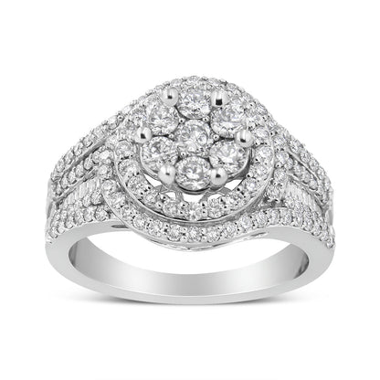 14K White Gold 1 1/2 Cttw Diamond Floral Cluster and Studded Shank Halo Ring (H-I Color, SI2-I1 Clarity) - Ring Size 7 