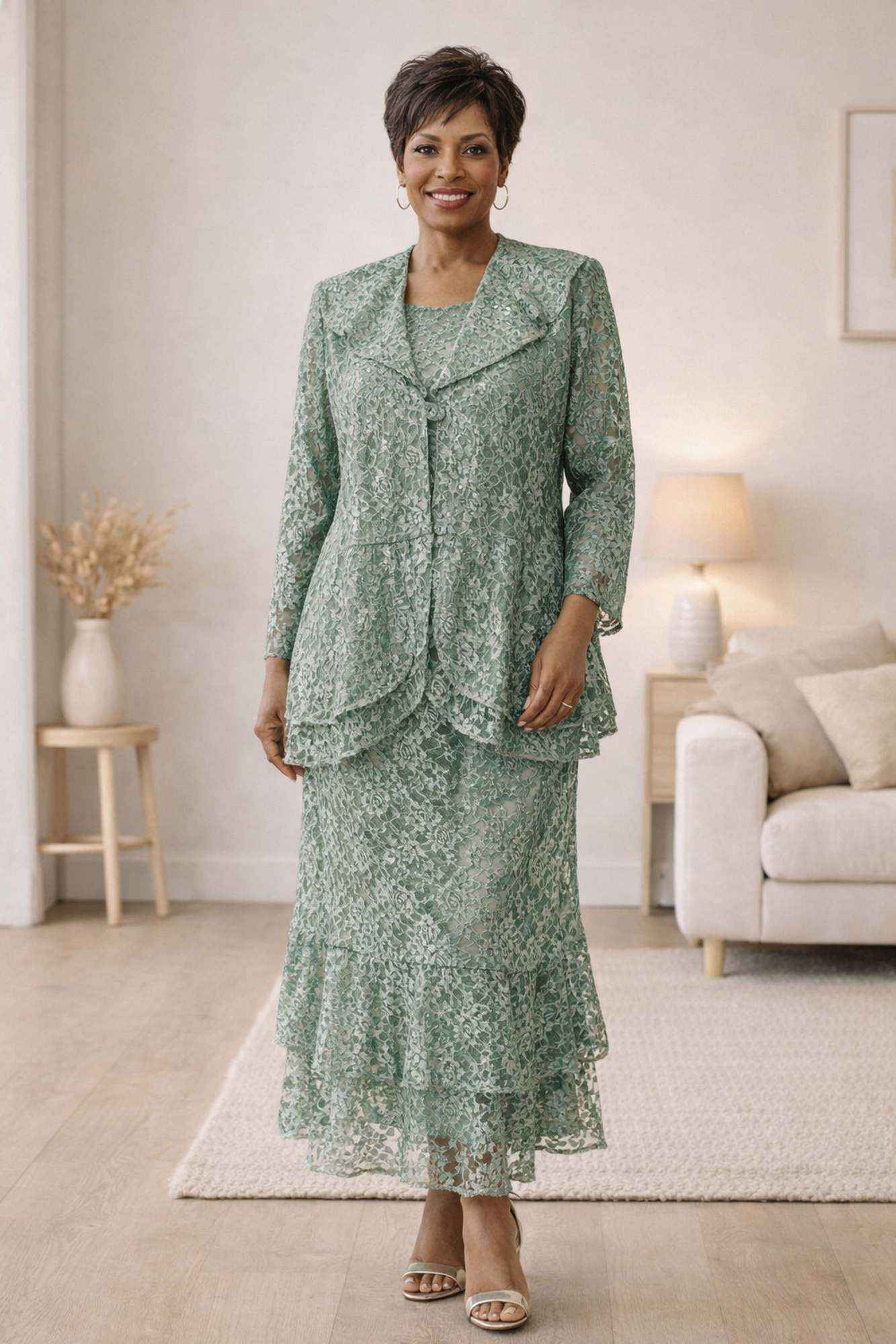 CLEARANCE - Hosanna 5616 Modest 3-Piece Set Ankle Length Lace Pink Dress (Size XL) by DiscountDressShop