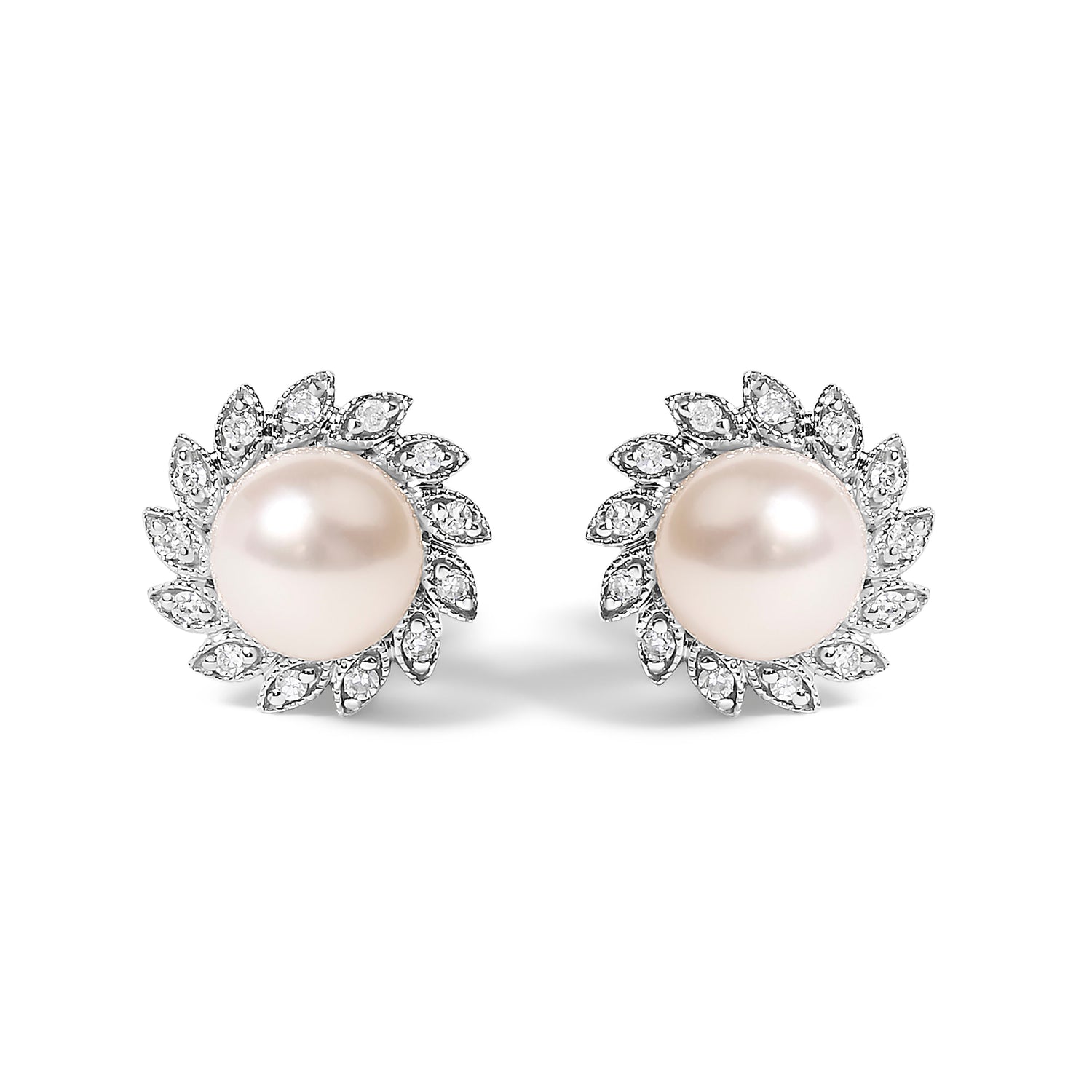 10K White Gold Heirloom-Style Pearl and Diamond Accent Halo Stud Earrings (I-J color, I1-I2 Clarity) by Bids.com