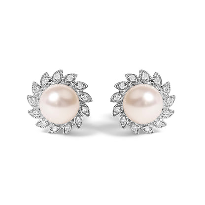 10K White Gold Heirloom-Style Pearl and Diamond Accent Halo Stud Earrings (I-J color, I1-I2 Clarity) by Bids.com