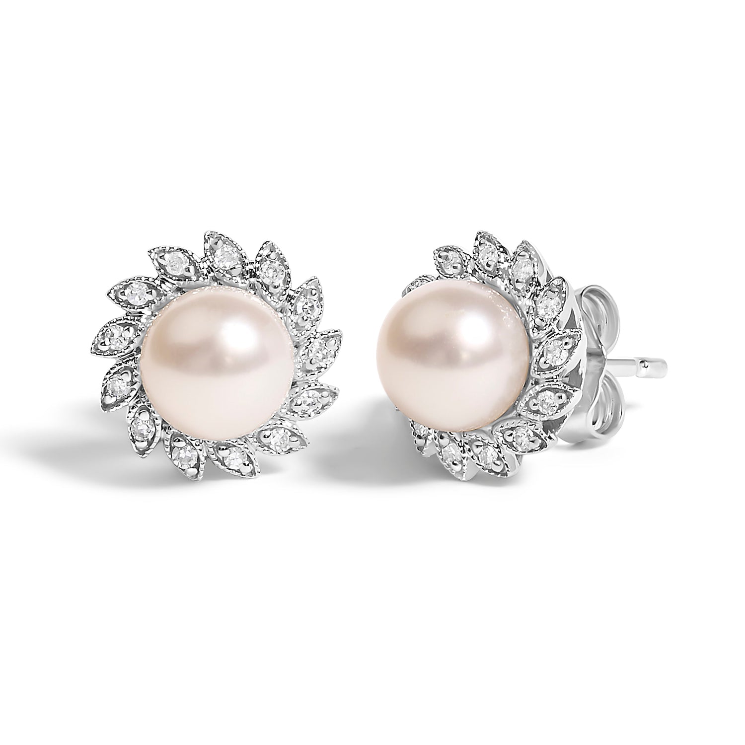 10K White Gold Heirloom-Style Pearl and Diamond Accent Halo Stud Earrings (I-J color, I1-I2 Clarity) by Bids.com