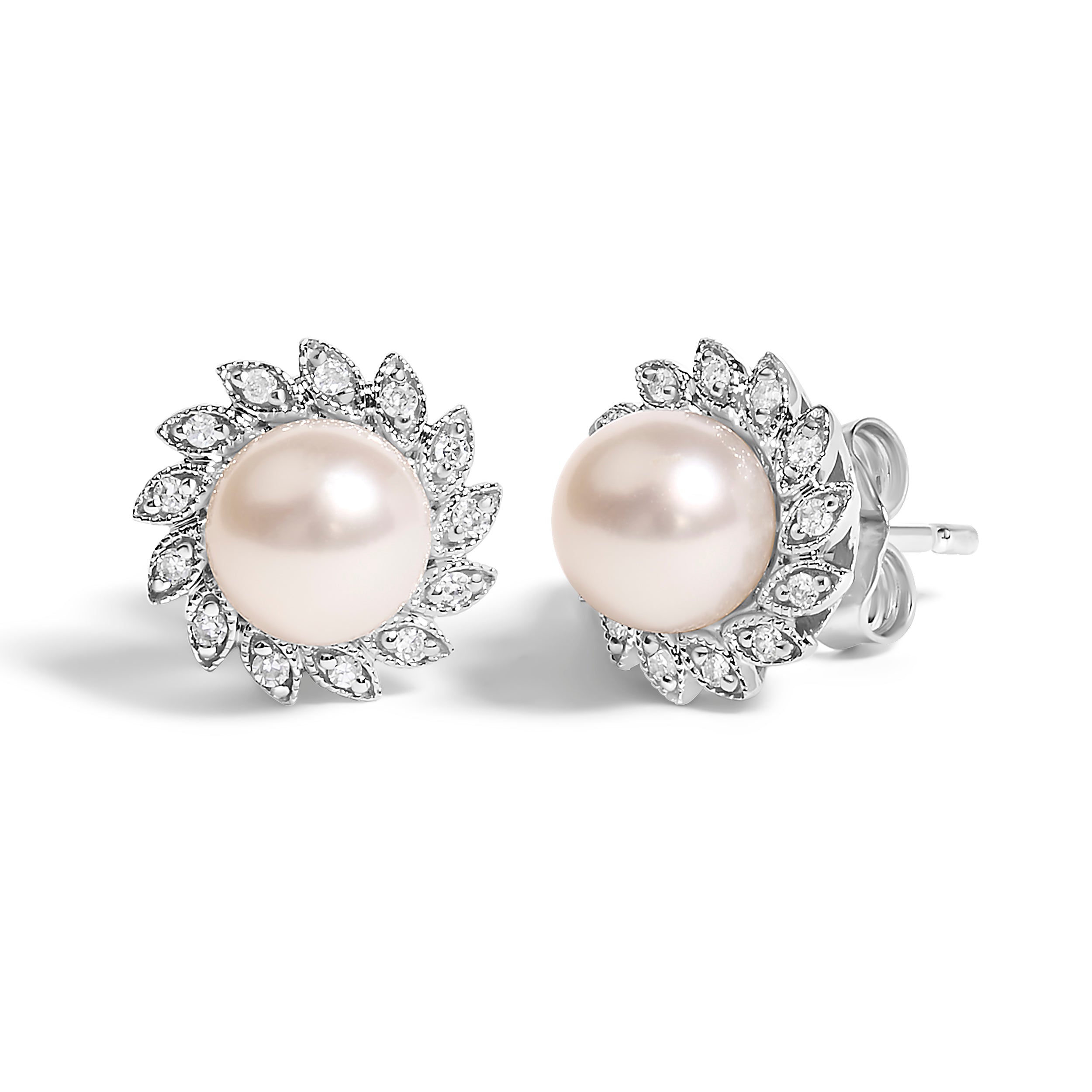10K White Gold Heirloom-Style Pearl and Diamond Accent Halo Stud Earrings (I-J color, I1-I2 Clarity) by Bids.com