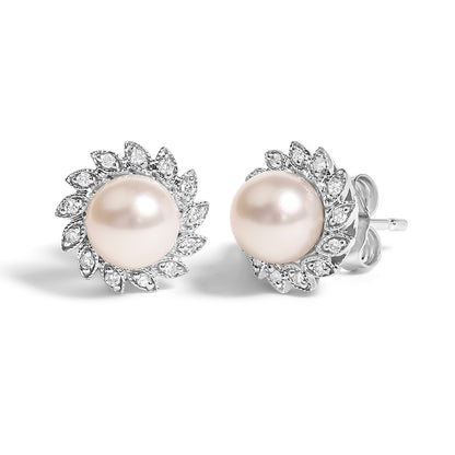 10K White Gold Heirloom-Style Pearl and Diamond Accent Halo Stud Earrings (I-J color, I1-I2 Clarity) by Bids.com