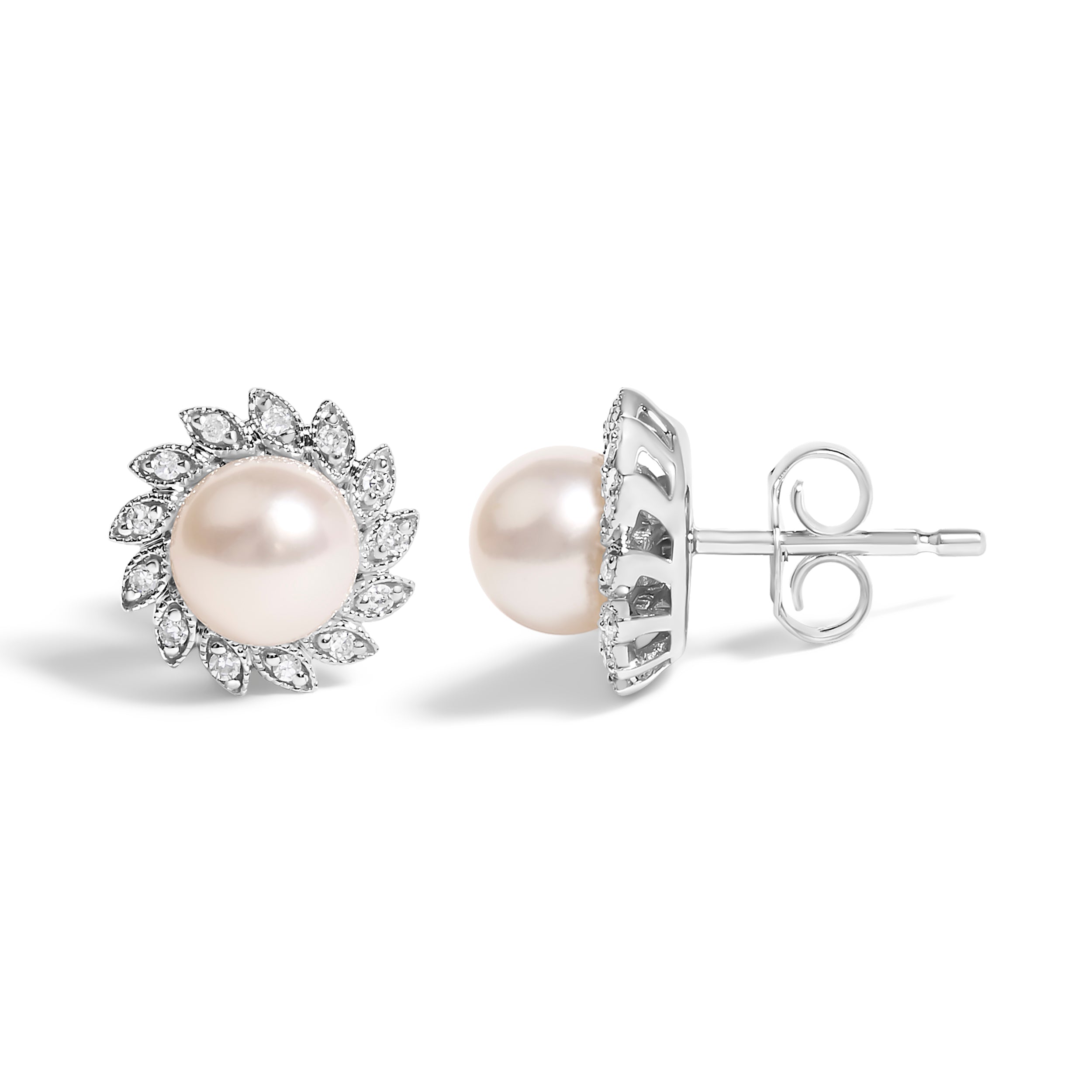 10K White Gold Heirloom-Style Pearl and Diamond Accent Halo Stud Earrings (I-J color, I1-I2 Clarity) by Bids.com