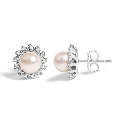 10K White Gold Heirloom-Style Pearl and Diamond Accent Halo Stud Earrings (I-J color, I1-I2 Clarity) by Bids.com
