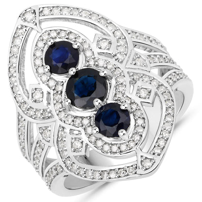 1.76 Carat Genuine Blue Sapphire and White Diamond .925 Sterling Silver Ring by Bids.com