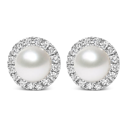 10K White Gold 4.5mm Cultured Freshwater Pearl and 1/7 Cttw Diamond Halo Stud Earring (I-J Color, I1-I2 Clarity) by Bids.com