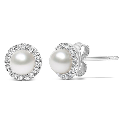10K White Gold 4.5mm Cultured Freshwater Pearl and 1/7 Cttw Diamond Halo Stud Earring (I-J Color, I1-I2 Clarity) by Bids.com