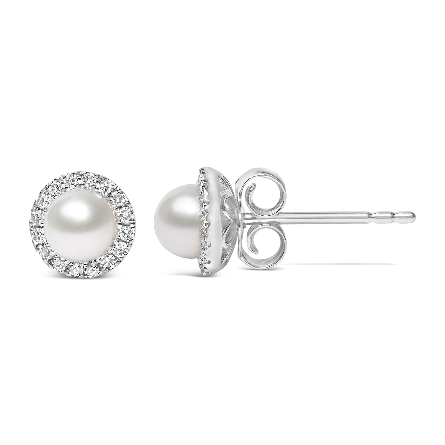 10K White Gold 4.5mm Cultured Freshwater Pearl and 1/7 Cttw Diamond Halo Stud Earring (I-J Color, I1-I2 Clarity) by Bids.com