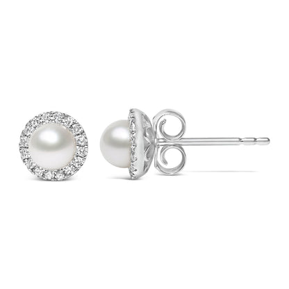 10K White Gold 4.5mm Cultured Freshwater Pearl and 1/7 Cttw Diamond Halo Stud Earring (I-J Color, I1-I2 Clarity) by Bids.com