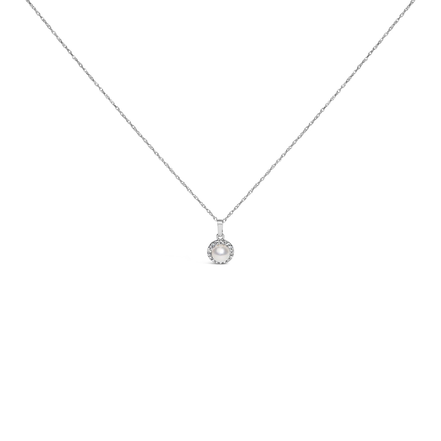 10K White Gold 5MM Cultured Pearl and Diamond Accent Halo Pendant Necklace by Bids.com