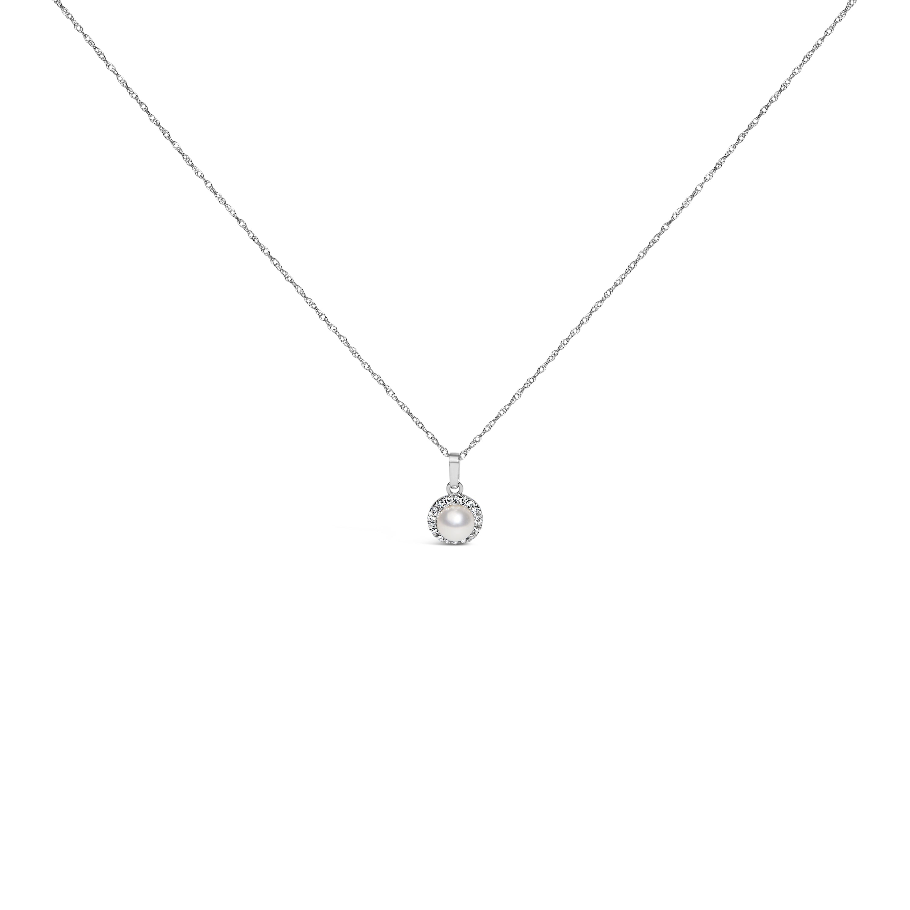 10K White Gold 5MM Cultured Pearl and Diamond Accent Halo Pendant Necklace by Bids.com