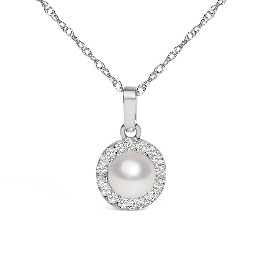 10K White Gold 5MM Cultured Pearl and Diamond Accent Halo Pendant Necklace by Bids.com