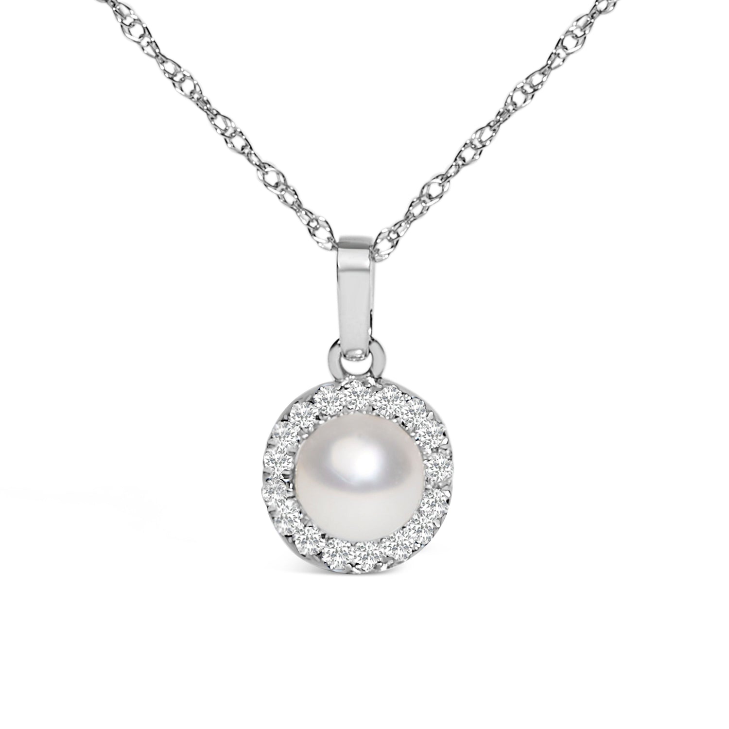 10K White Gold 5MM Cultured Pearl and Diamond Accent Halo Pendant Necklace by Bids.com