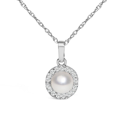 10K White Gold 5MM Cultured Pearl and Diamond Accent Halo Pendant Necklace by Bids.com