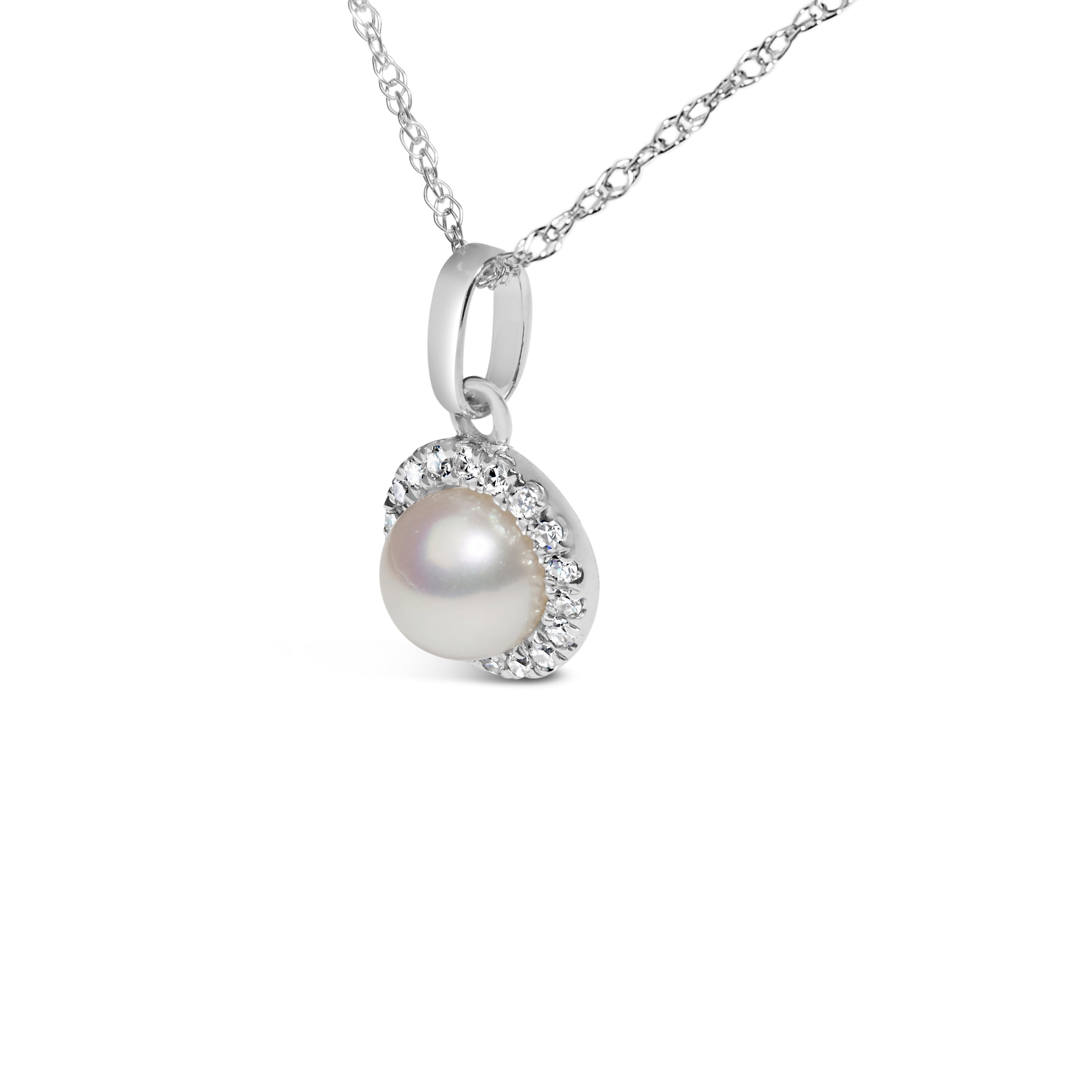 10K White Gold 5MM Cultured Pearl and Diamond Accent Halo Pendant Necklace by Bids.com