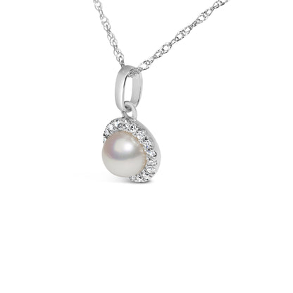 10K White Gold 5MM Cultured Pearl and Diamond Accent Halo Pendant Necklace by Bids.com