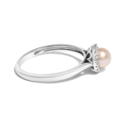10K White Gold 5MM Cultured Freshwater Pearl and Diamond Halo Ring (I-J Color, I1-I2 Clarity) - Ring Size 6.5 by Bids.com