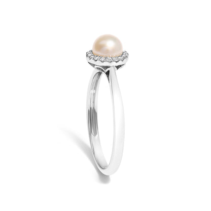 10K White Gold 5MM Cultured Freshwater Pearl and Diamond Halo Ring (I-J Color, I1-I2 Clarity) - Ring Size 6.5 by Bids.com