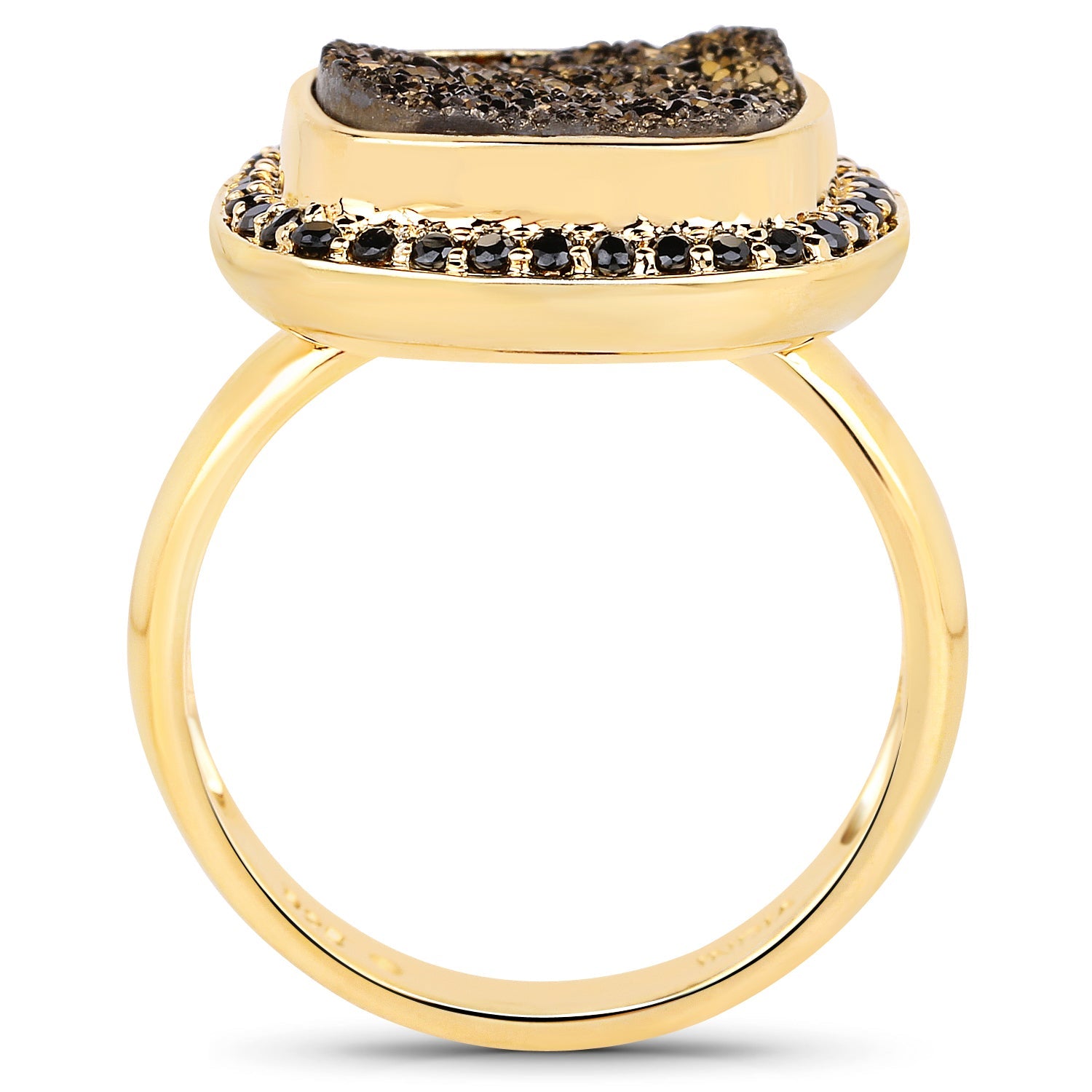 14K Yellow Gold Plated 6.19 Carat Genuine Drusy Quartz and Black Spinel .925 Sterling Silver Ring by Bids.com