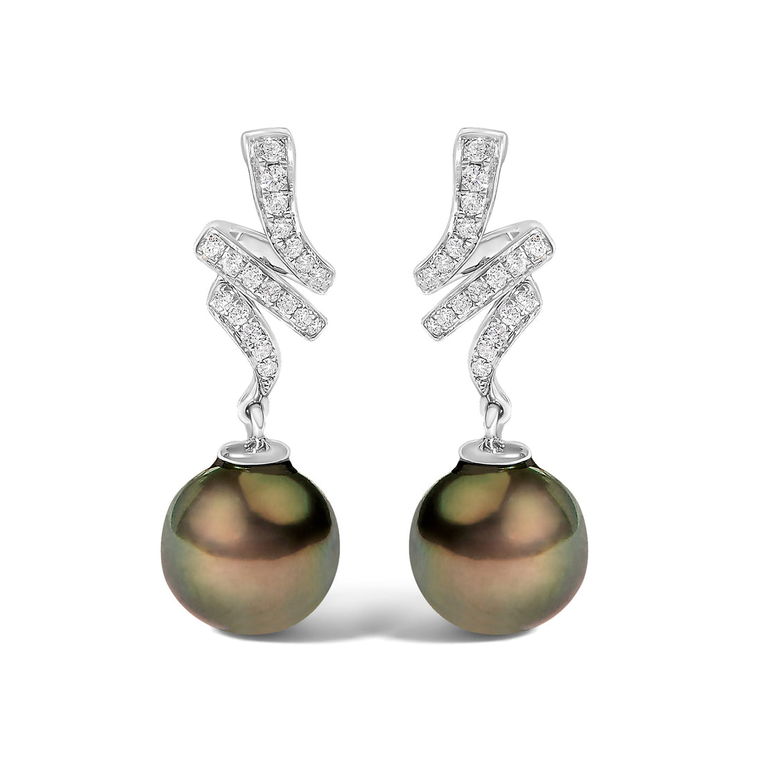 14K White Gold 9MM Cultured Black Pearl and Diamond Accent Drop and Dangle Earrings (I-J Color, SI1-SI2 Clarity) by Bids.com