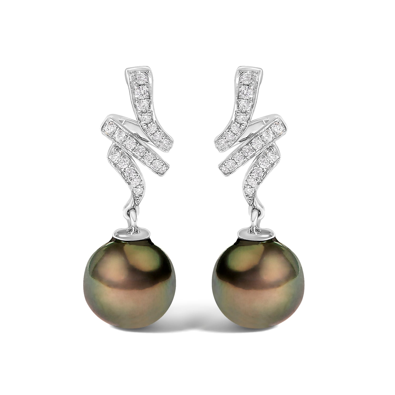 14K White Gold 9MM Cultured Black Pearl and Diamond Accent Drop and Dangle Earrings (I-J Color, SI1-SI2 Clarity) by Bids.com