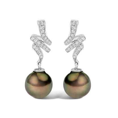 14K White Gold 9MM Cultured Black Pearl and Diamond Accent Drop and Dangle Earrings (I-J Color, SI1-SI2 Clarity) by Bids.com