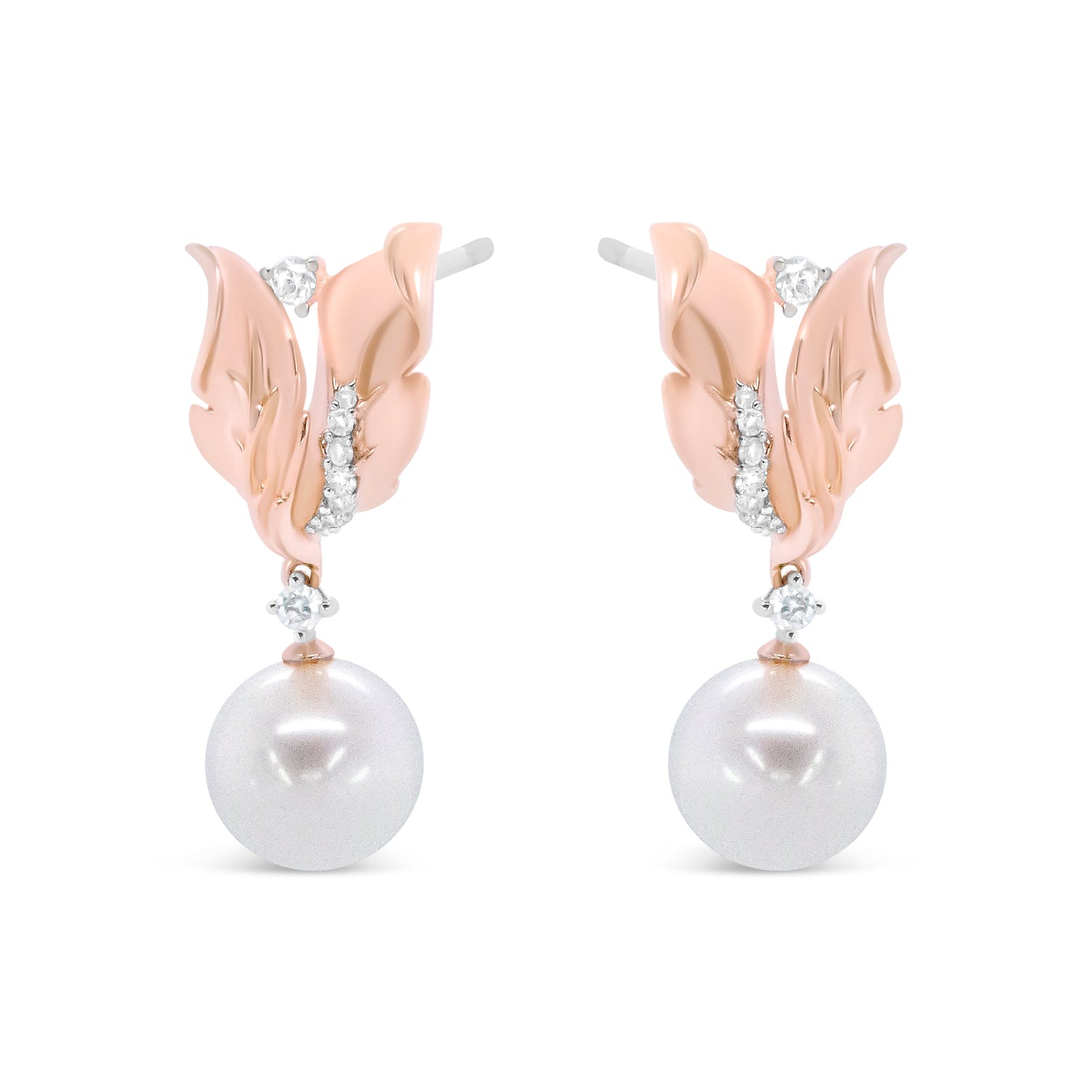 14K Rose Gold 1/6 Cttw Round Diamond and 8mm Round Pearl Floral Drop Stud Earrings (H-I Color, I1-I2 Clarity) by Bids.com