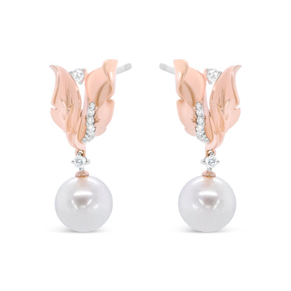 14K Rose Gold 1/6 Cttw Round Diamond and 8mm Round Pearl Floral Drop Stud Earrings (H-I Color, I1-I2 Clarity) by Bids.com